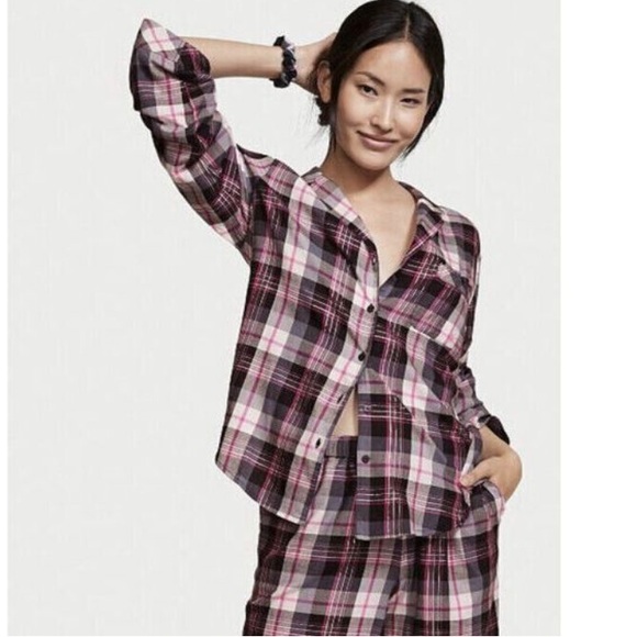 Victoria's Secret Pink/Grey Plaid Flannel Pajama Top XSmall - Picture 1 of 10